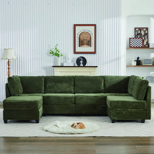 English Elm Corduroy Plush U-Shaped Sectional Sofa with Storage Ottoman, Pet-Friendly Durable Modular Comfort Green W2915S00065