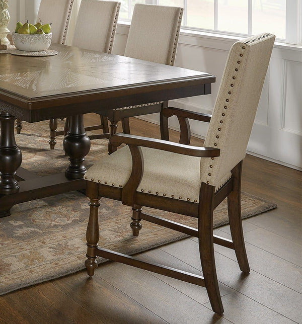 English Elm Traditional 9 Piece Formal Dining Set Oak Walnut Veneer Trestle Table Nailhead Chairs B011S00922