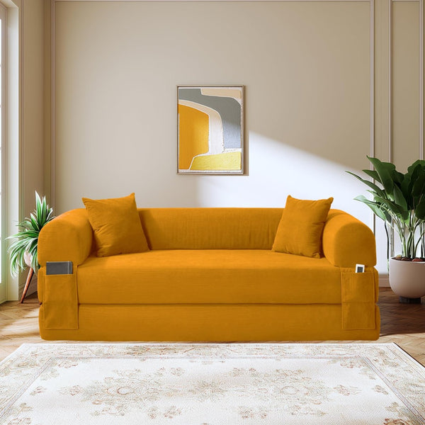English Elm Convertible Corduroy Sleeper Sofa Queen Fold Out Bed with Dual Storage Pockets Yellow W3396P483182