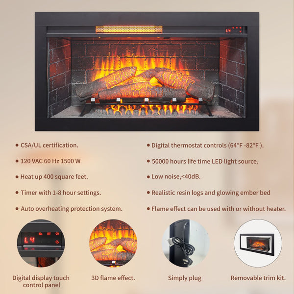 English Elm 36 Inch Infrared Quartz Fireplace Insert with Trim Kit 3d Ember Bed Touch Control W1769P405042