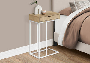 English Elm Accent C-shaped End Table with Sliding Base and Storage Drawer — Contemporary Metal Frame Design Natural 23 L x 17 W x 3 H B2710P219424