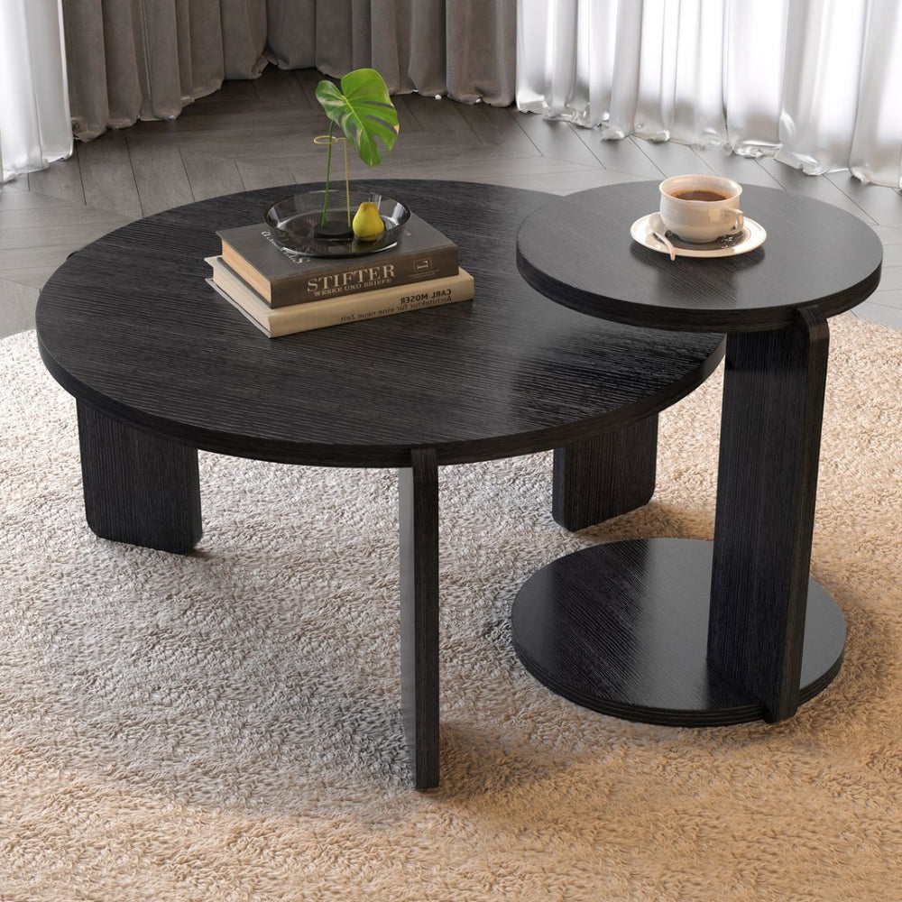 English Elm 32.68 Inch Black Oak Veneer Nesting Round Coffee Table Set for Modern Living Rooms W2899P435699