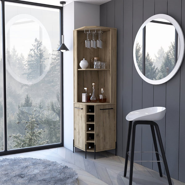 English Elm Reese Corner Bar Cabinet with Wine Rack Stemware Storage and Paneled Double Doors B128S00157