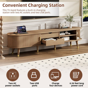 English Elm Wooden Fluted Tambour Media Console Mid Century Modern Tv Stand with Built in Charging Natural N721P428444L