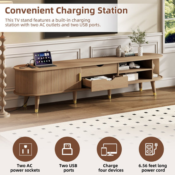 English Elm Wooden Fluted Tambour Media Console Mid Century Modern Tv Stand with Built in Charging Natural N721P428444L