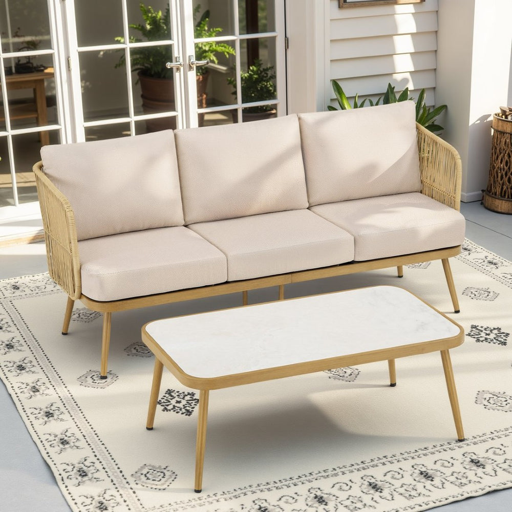English Elm Outdoor Handwoven Wicker Sofa Set with Coffee Table for Patio Porch Backyard T3773P419903