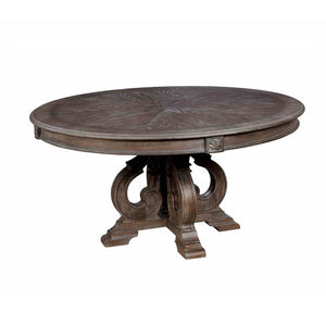 English Elm Dining Table 60 Inch Round Solid Wood Pedestal with Hand Carved Skirt and Inlay Natural+Rustic B2741P474000