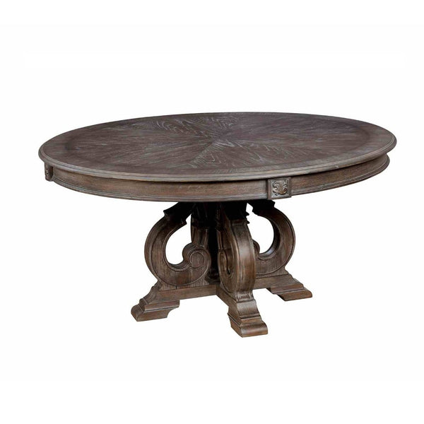 English Elm Elegant Round Pedestal Dining Set Carved Wood Table with Four Upholstered Side Chairs Ivory,Natural,Natural+Rustic B2741S00885