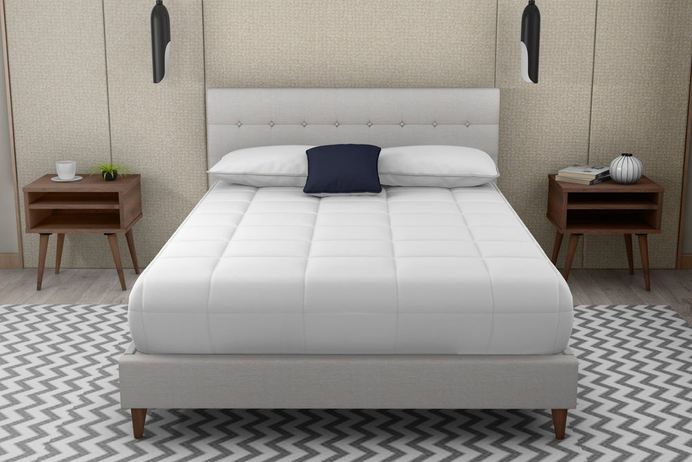 English Elm Queen Upholstered Bed Set with Stone Polyester Headboard and Walnut Nightstands B2699S00076