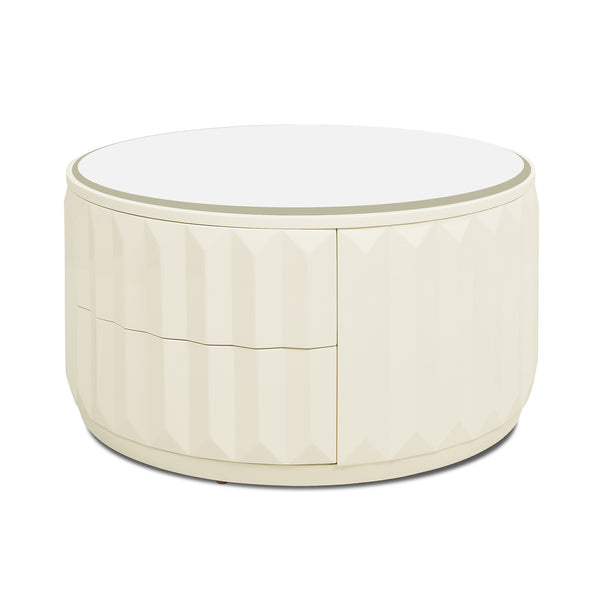 English Elm Jennifer Taylor Home - Facino Round 35.5" Storage Coffee Table with Mirrored Top, White Lacquer Birchwood, 2 Drawers B2719P238494