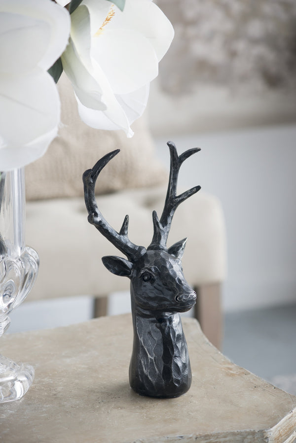 English Elm 6x4x11" Darby 8-Point Deer Head Statue — Distressed Black Resin Lodge Accent, Rustic Wood-Look Decor W2078P281357