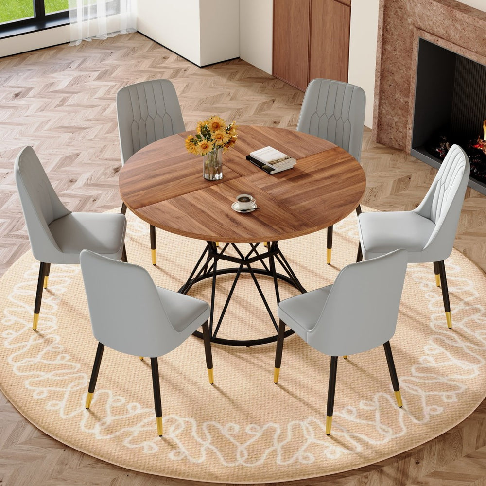 English Elm Table Set Oval Tempered Glass Top with Six Brown Fabric Chairs for Modern Dining W1151S04840