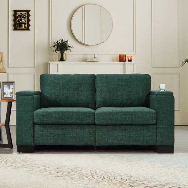 English Elm 67.7" Modern Loveseat Sofa with Cup Holders and Hidden Storage, Polyester Upholstery, Solid Wood Frame Green W1097S00193
