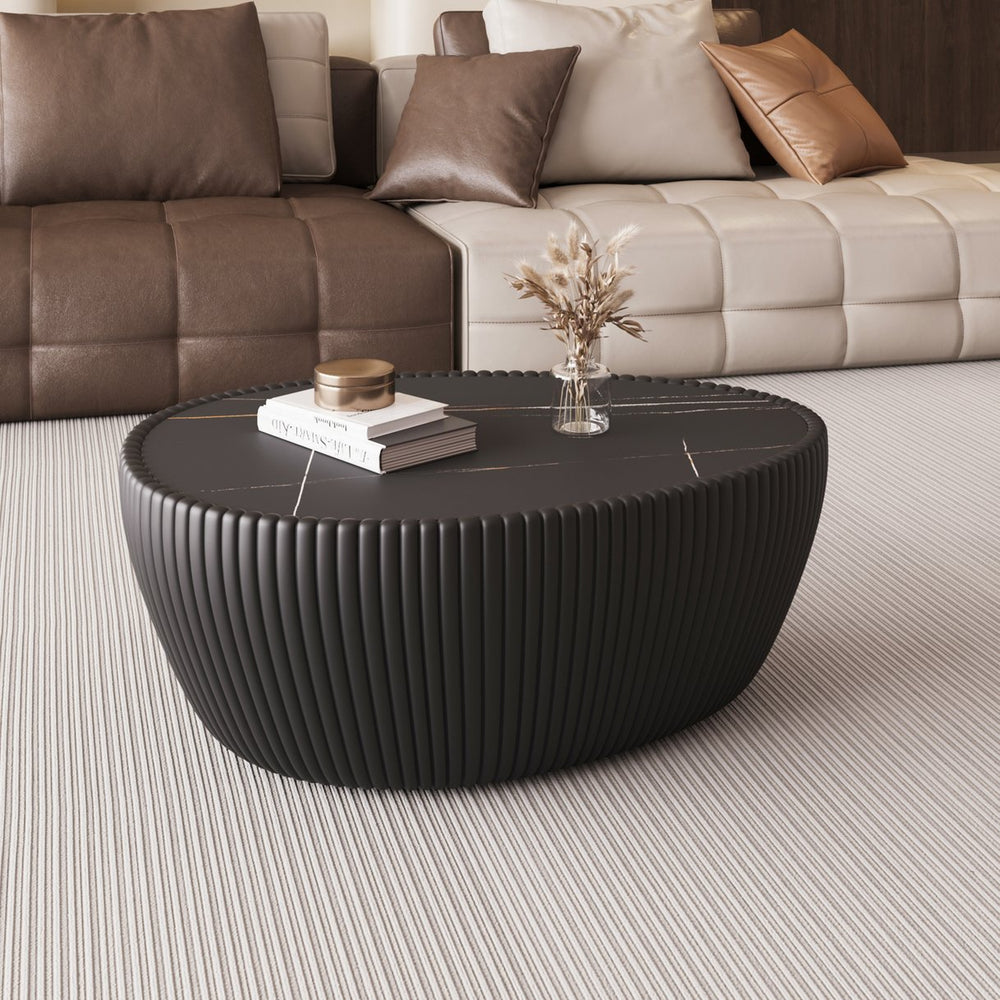 English Elm Black Black Marble Top Goose Egg Leather Coffee Table - Modern PU Leather Frame, Elegant Accent W3081P338226