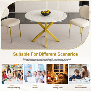 English Elm Modern Round Extendable Dining Table with Marble Vein Top, Carbon Steel X-Base, Seats 4-6, White W2700P331234