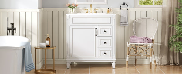 English Elm 30" French-Inspired Bathroom Vanity With Ceramic Sink, 2 Soft-Close Drawers & Adjustable Shelf Storage N710P323323K