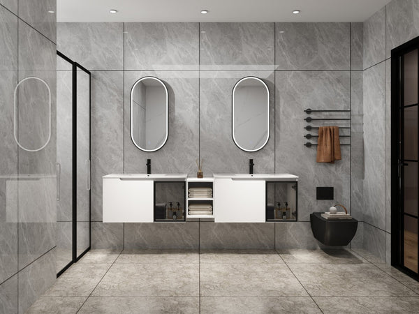 English Elm 84'' Freestanding Double Sink Bathroom Vanity Oak Finish Soft Close Storage Cabinet W999S00534