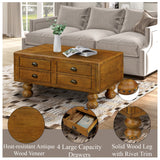 English Elm Rectangle Living Room Coffee Table Set, 3-Piece Solid Wood Living Room Table Set, 1 Coffee Table and 2 End Table, Wood Center Tea Table Set With Rivet Decoration Legs.Easy Assembly, Antique Brown