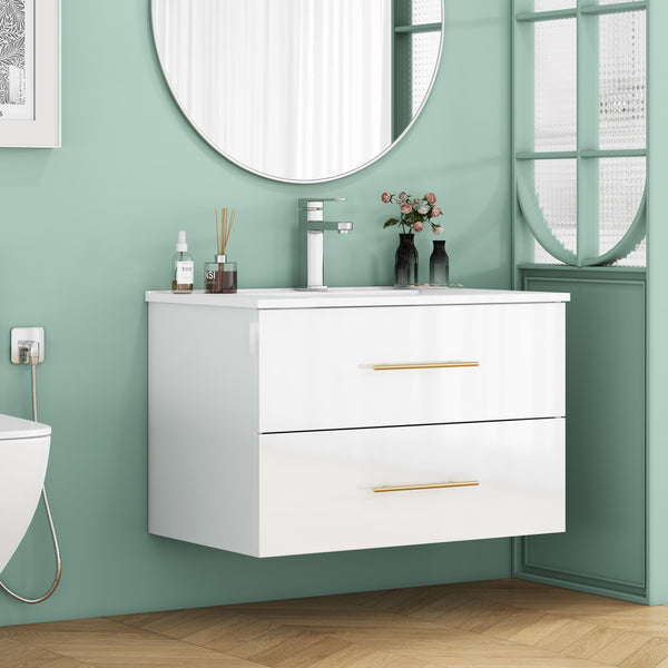 English Elm 30-Inch Sleek Wall-Mounted Bathroom Vanity With Integrated Sink, Double Drawers & Easy Installation W3151S00053