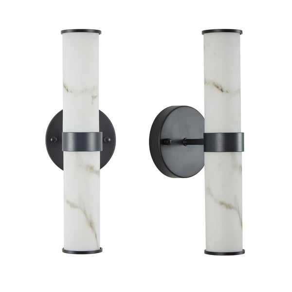 English Elm Resin Imitation Marble Wall Sconces Set of 2 with Black Iron Frame, Cylindrical Ambient Lighting W2312P374968