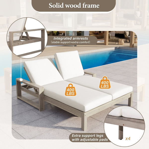 English Elm Trexm Outdoor Acacia Wood Double Chaise Lounge with Adjustable Backrests and Cushions Grey TM000031AAE
