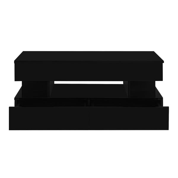 English Elm U-Can Lift-Top Coffee Table with LED Ambient Lighting, Dual Drawers and Adjustable Scalable Design Black N724P290058B