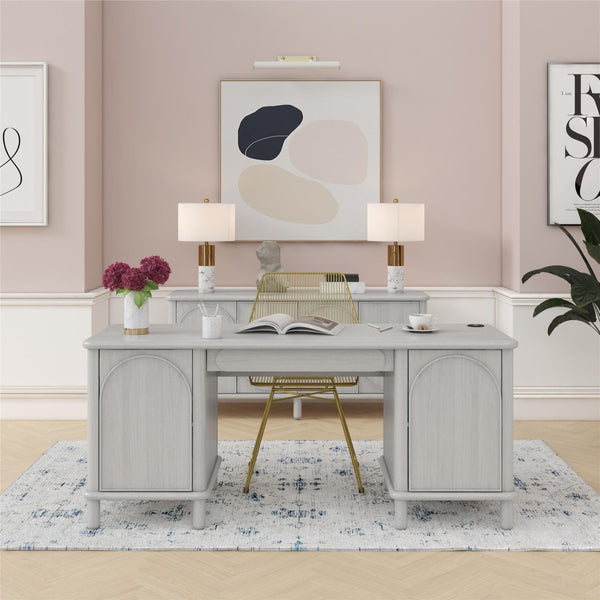 English Elm Selena Whitewashed Wood Veneer Executive Desk with Wireless Charging and Pedestal Storage B2733S00021
