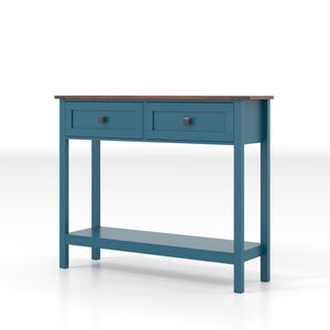 English Elm Farmhouse Pagoda Blue Console Table with 2 Drawers, Bottom Shelf, Anti-Tip Hooks & Rustic Charm W2557P271250