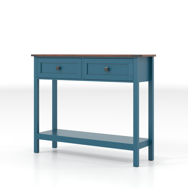 English Elm Farmhouse Pagoda Blue Console Table with 2 Drawers, Bottom Shelf, Anti-Tip Hooks & Rustic Charm W2557P271250