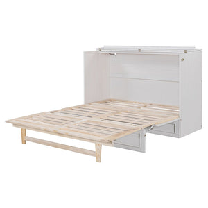 English Elm Queen Murphy Wall Bed with Rattan Panel Cabinet and Storage Drawers for Studio Rooms White LP000676AAK