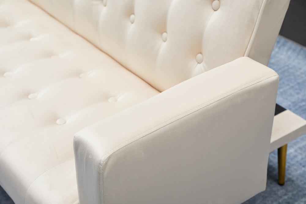 English Elm SOFA Velvet Convertible Sofa Bed with Golden Legs, Solid Wood Frame, Compact Design for Small Spaces Beige B205P246429