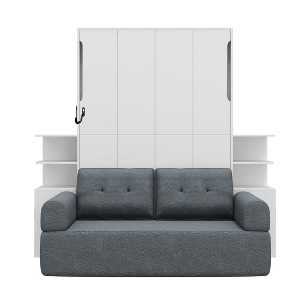 English Elm Full Size Murphy Bed System with Integrated Sofa and Storage Towers for Guest Rooms White+Gray LP000380AAE