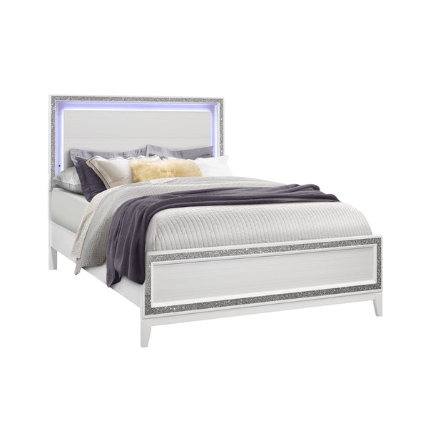 English Elm ALMERA Glam Transitional Full Bed with Crushed Crystal Trim, Solid Wood + MDF Construction, Elegant Finish White 66 L x 33 W x 5 H B201S00103