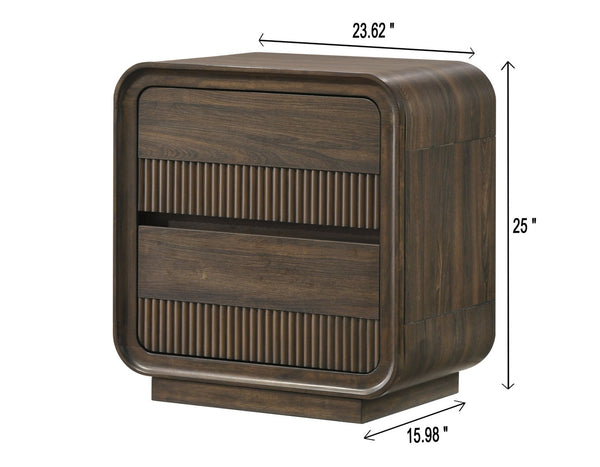 English Elm Mid-century Fluted Two Drawer Nightstand Warm Wood Grain Finish Sculptural Bedroom B2741P457652