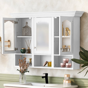 English Elm 47" Wall Mounted Bathroom Cabinet with Mirror — Space-Saving 3 Adjustable Shelves, Pine Accents, Water-Resistant Finish N710P264268K