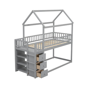 English Elm Twin/twin House Bunk Bed Solid Pine Playhouse Frame with Storage Drawers Shelves Grey W697S00033