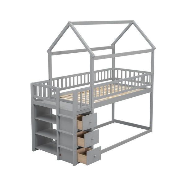 English Elm Twin/twin House Bunk Bed Solid Pine Playhouse Frame with Storage Drawers Shelves Grey W697S00033