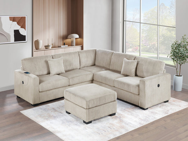 English Elm Living L-Shaped Sectional Sofa Set with Reversible Chaise, Tufted Burlap Fabric, Storage Ottoman, USB Port Camel 34 L x 26 W x 46 H B011S01780