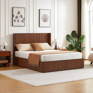 English Elm Natural Fluted Wood Platform Bed Minimalist Queen Frame with Tall Curved Headboard Walnut W5219S00003
