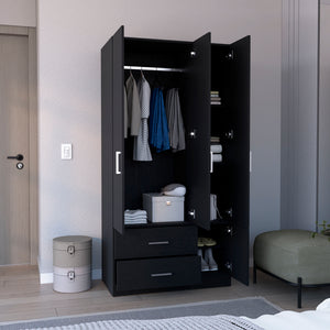 English Elm Armoire Melfa 71" H with 2 doors, 3 drawers and hanging rod for organized, elegant bedroom storage Black 41 L x 23 W x 6 H B097S00124