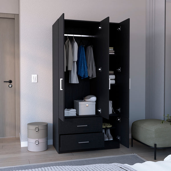 English Elm Armoire Melfa 71" H with 2 doors, 3 drawers and hanging rod for organized, elegant bedroom storage Black 41 L x 23 W x 6 H B097S00124