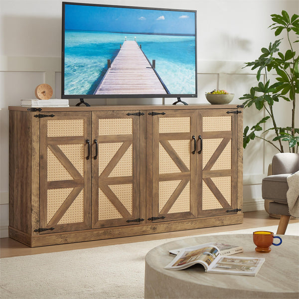 English Elm 65-Inch Slate Gray 3D Faux Rattan Sideboard with Barn-Style Doors, Magnetic Closure & Adjustable Shelves Oak W2702P184359