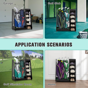 English Elm Golf Bag Storage Rack Wooden 2 Bag Organizer with Shoe Shelf for Garage Basement Black W1422P296350