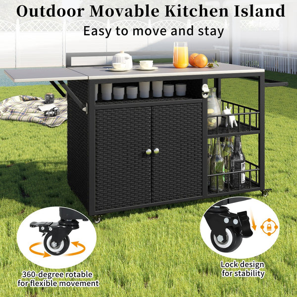 English Elm 63.5" Outdoor Kitchen Island with Foldable Stainless Steel Top, Lockable Wheels, Rattan Storage, Bottle Opener N719P243726D