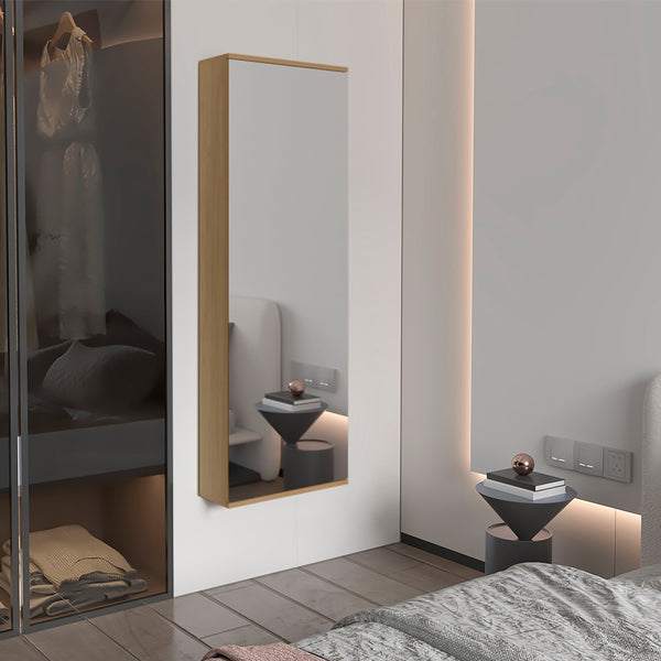 English Elm Leto 54" Wall-Mounted Shoe Cabinet with Mirror — Space-Saving Single Door Holds 10 Pairs Oak Finish B070P316857