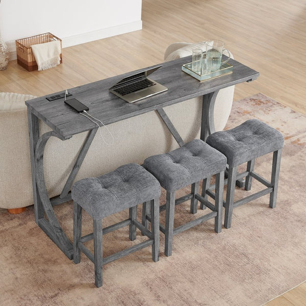 English Elm 59 Inch Bar Table Set with Power Outlet Rubberwood Frame and 3 Linen Stools Grey W2972P385254