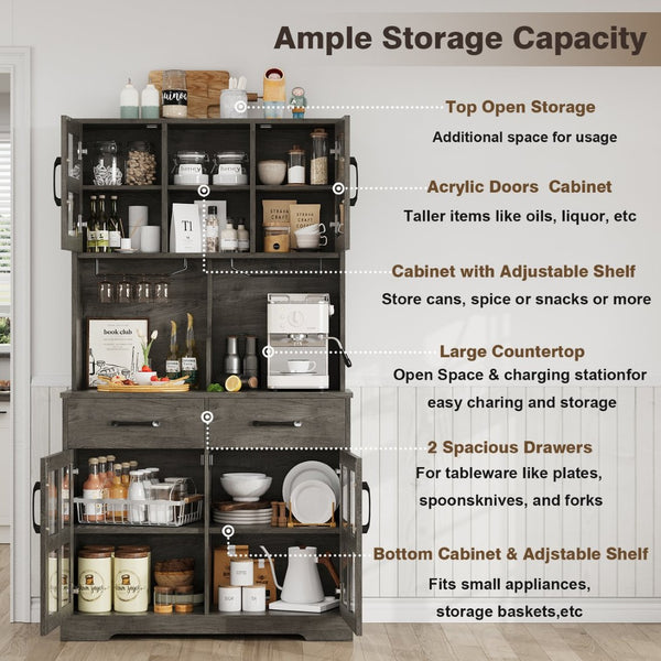 English Elm Pantry Hutch with Fluted Mdf Panels Charging Station Pegboard and Open Shelving T3773P416041
