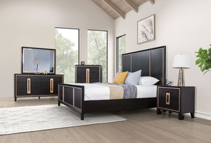 English Elm Bedroom Wooden Queen Bed with High Panel Headboard, Gold Trim Accent, Modern Luxury Design Espresso 25 L x 70 W x 5 H B2741S00072