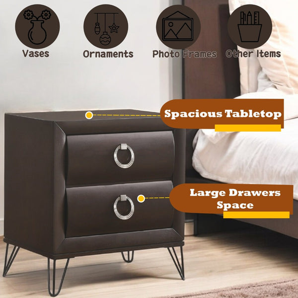 English Elm Tablita Two Drawer Nightstand with V-leg Base and Dark Merlot Rubberwood Finish B2726P411559