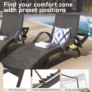 English Elm K&K 80" Outdoor Wicker Chaise Lounge Set of 2 with 2000H UV Wicker, Pull-Out Side Table, 4-Position Recliner Dark Brown WF321204AAD